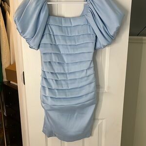 Jewel Badgley Mischka Light Blue Puff-Sleeve Tiered Satin Mini Dress